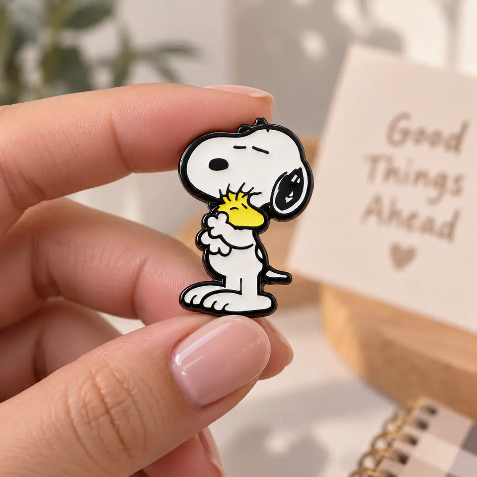 Pin Esmaltado Metálico Snoopy y Woodstock abrazados 3