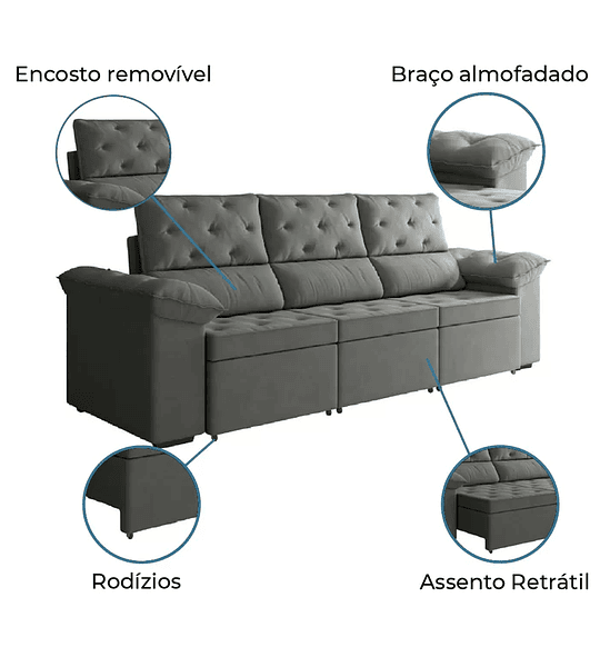 Sofá Retrátil 3 Lugares 2,10m York Suede Cinza