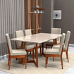 Conjunto Mesa com Vidro Pés Madeira Maciça 6 Cadeiras Madeira Dakota Tecido A40 Móveis Meneghetti Caramelo