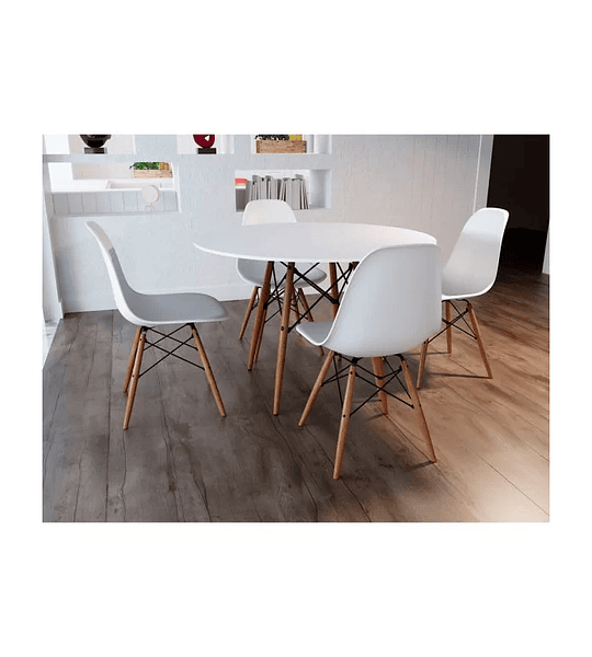 Conjunto de Mesa de Jantar Eames Eiffel Redonda 90cm Tampo de Madeira Branco com 4 Cadeiras Brancas