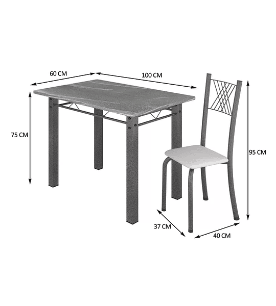 Conjunto Mesa com 4 Cadeiras Tampo de Granito Topázio Sara Yescasa Preto Floral/Martelado Prata