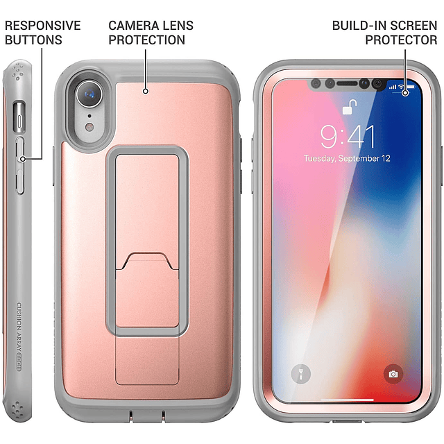 Carcasa IPhone XR de 6.1 Pulgadas  c/ Mica Integrada c/ Parador Youmaker Rosado Gris Antishock