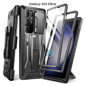Case Galaxy S23 Ultra c/ Protector de Cámara c/ Doble Marco Funda 360 c/ Mica c/ Apoyo c/ Clip para Correa Militarizado 