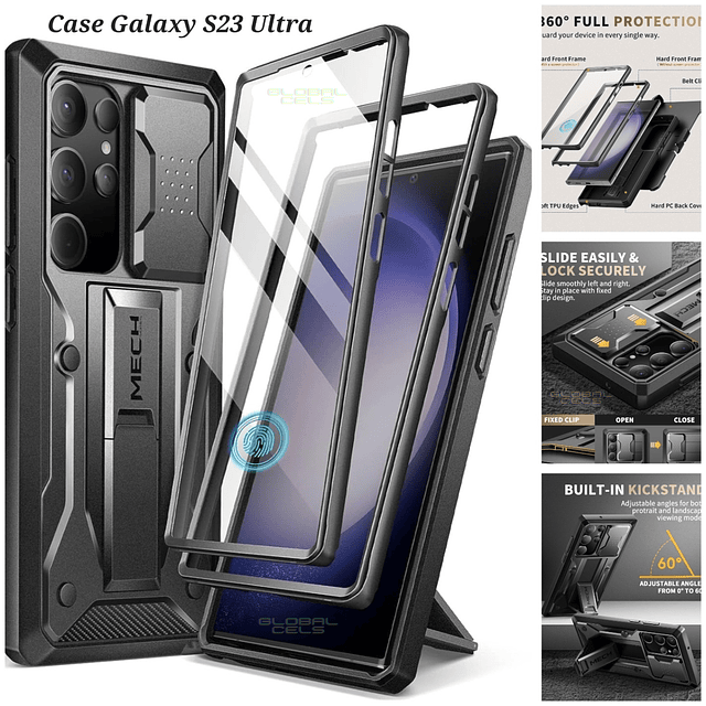 Case Samsung Galaxy S23 Ultra c/ Cubre Cámara c/ Doble Marco c/ Mica c/ Apoyo c/ Clip para Cinturón 