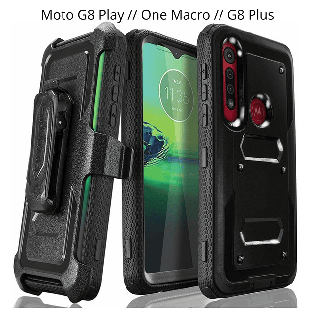 Case Moto G8 Play / One Macro / G8 Plus con Vidrio Templado con Clip Correa 