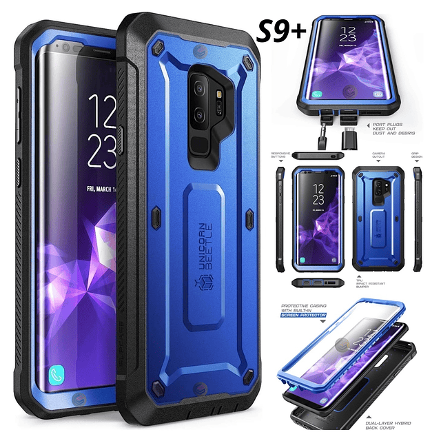 Case Galaxy S9 Plus Supcase Azul Metalizado c/ Mica c/ Parador c/ Clip para Correa