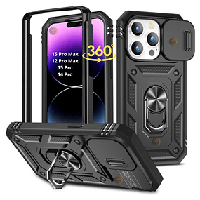 Case iPhone 15 Pro Max 360 c/ Marco c/ Soporte c/ Tapa Cubre Cámara Antishock