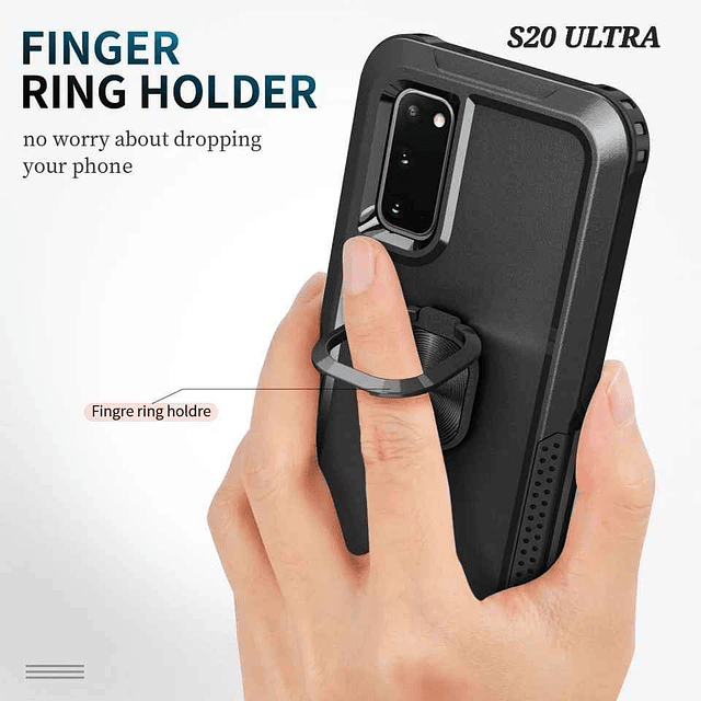 Case Antishock 360° para Galaxy S20 Ultra 5g de 3 Partes c/ Parante de Metal y Anillo al dedo