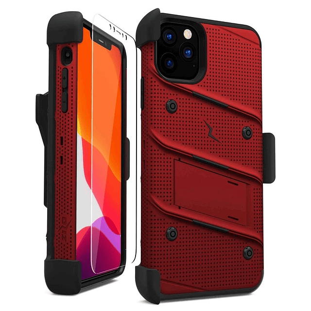 Case IPhone 11 Pro Max ZIZO c/ Clip Gancho c/ Vidrio Templado c/ 2 Parantes en Rojo-Negro