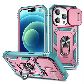 Case IPhone 15 Pro Max 360° Rosado con Celeste c/ Marco c/ Cubre Cámara con Soporte / no supcase