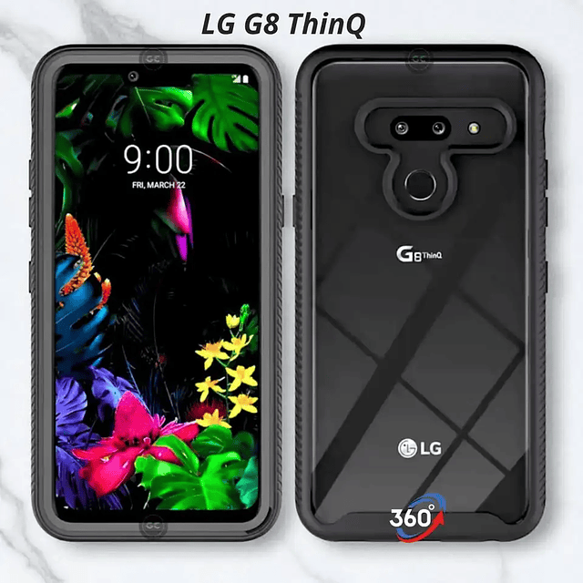 Case 360° LG G8 ThinQ con Marco Frontal Negro + Tapa Transparente Antishock 