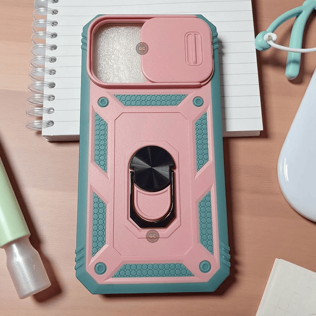 Funda 360° para iPhone 15 Pro Max con Marco Frontal y Soporte - Rosado y Celeste