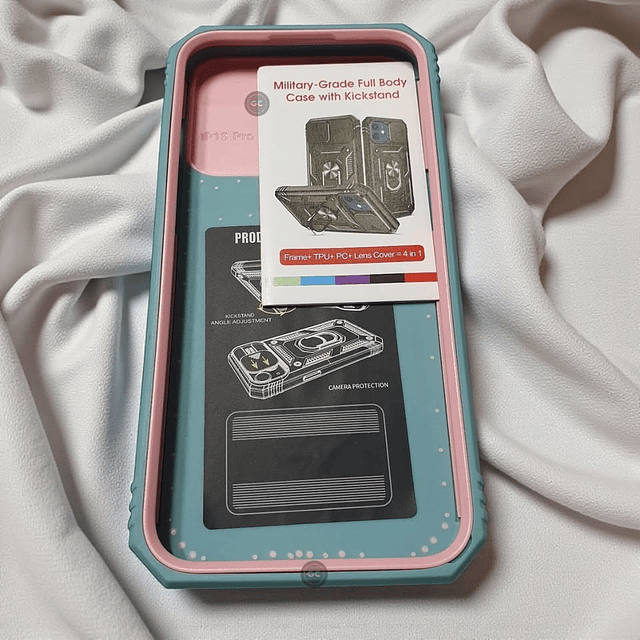 Funda 360° para iPhone 15 Pro Max con Marco Frontal y Soporte - Rosado y Celeste