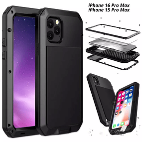 Case Metálico iPhone 16 y 15 Pro Max - Armadura Antishock 360° - Negro