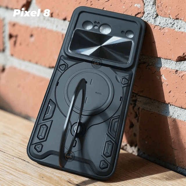 Case Google Pixel 8 Negro con Tapa Cámara Soporte Metálico y Compatible Carga Inalámbrica