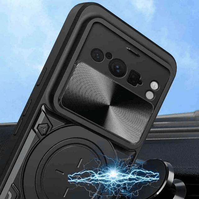 Case Google Pixel 8 Negro con Tapa Cámara Soporte Metálico y Compatible Carga Inalámbrica
