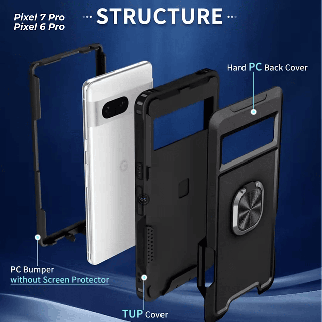 Case Google Pixel 7 Pro / 6 Pro Funda 360 de 3 Piezas con Soporte Metálico e Imán de Auto