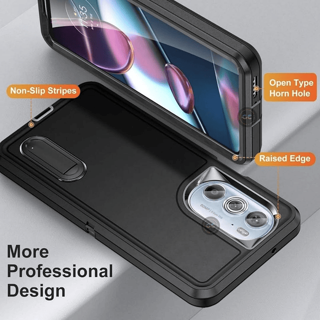 Case 3 Piezas Motorola Moto Edge 30 Pro con Soporte + Protección 360° Antishock Negro