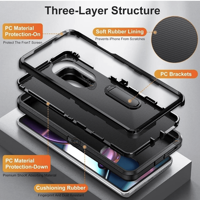 Case 3 Piezas Motorola Moto Edge 30 Pro con Soporte + Protección 360° Antishock Negro