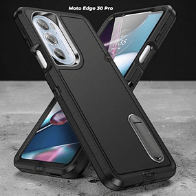 Case 3 Piezas Motorola Moto Edge 30 Pro con Soporte + Protección 360° Antishock Negro