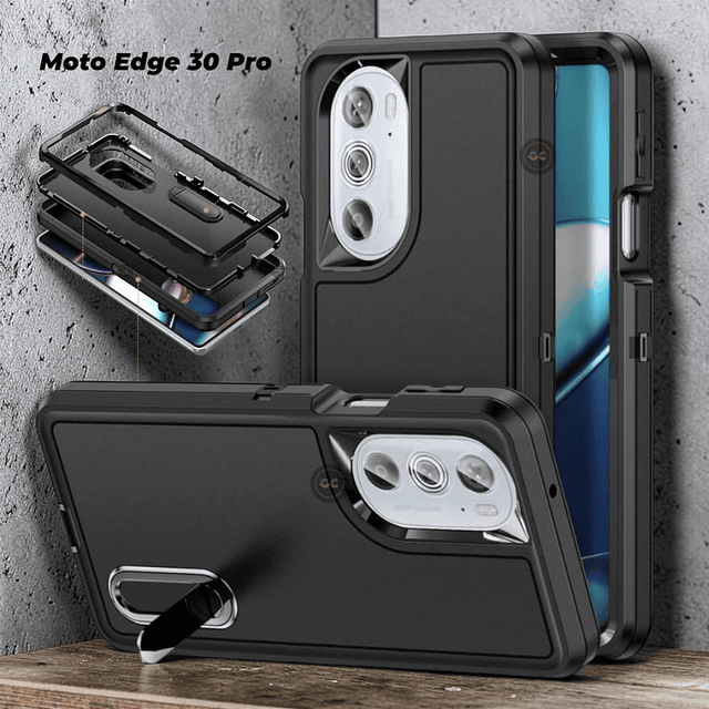 Case 3 Piezas Motorola Moto Edge 30 Pro con Soporte + Protección 360° Antishock Negro
