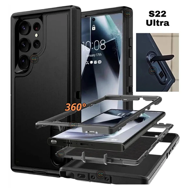 Carcasa Blindada 3 Piezas Samsung S22 Ultra con Soporte y Bordes Elevados