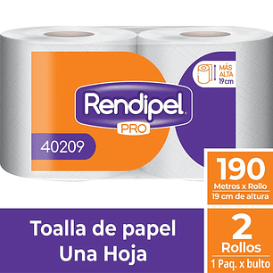 Papel Toalla Rendipel Pro 2 rollos x 190 mts - Hoja Simple
