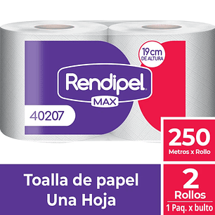 Papel Toalla Rendipel Max 2 rollos x 250 mts - Hoja Simple