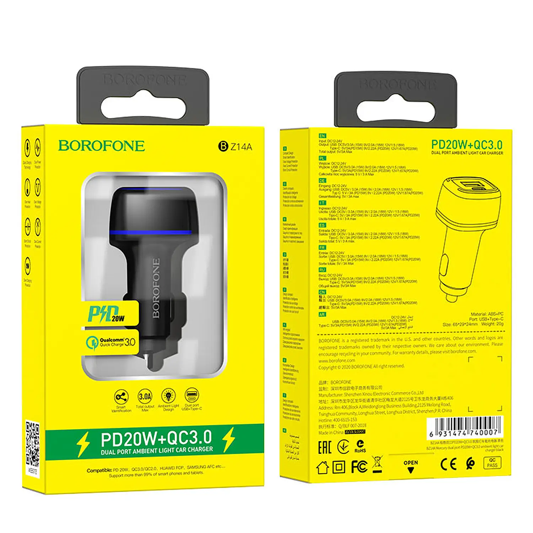Cargador para Auto Borofone BZ14A Mercury PD20W QC3.0 3