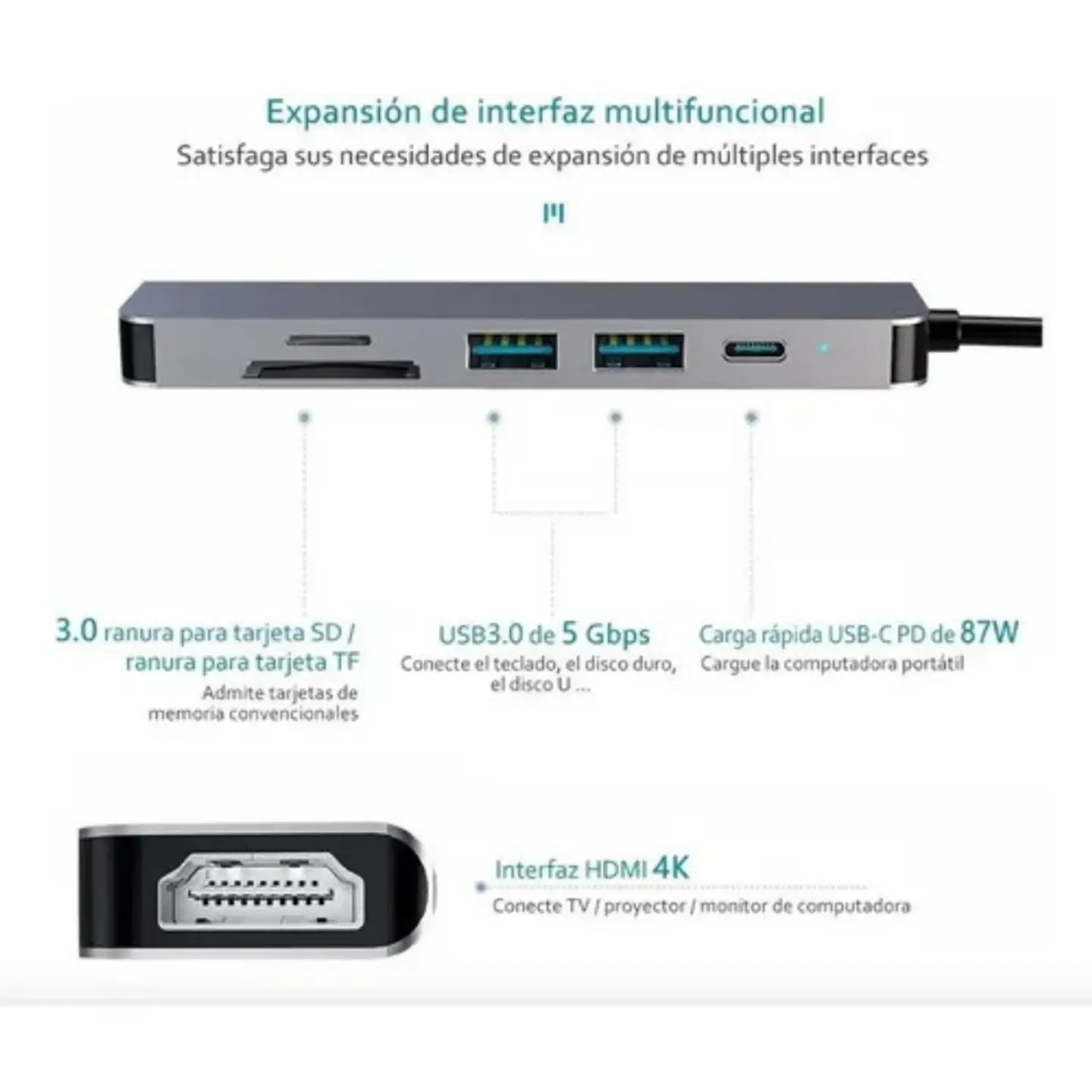 Hub Usb-c 6 en 1 con Hdmi 4k Adaptador para Macbook y Windows 4