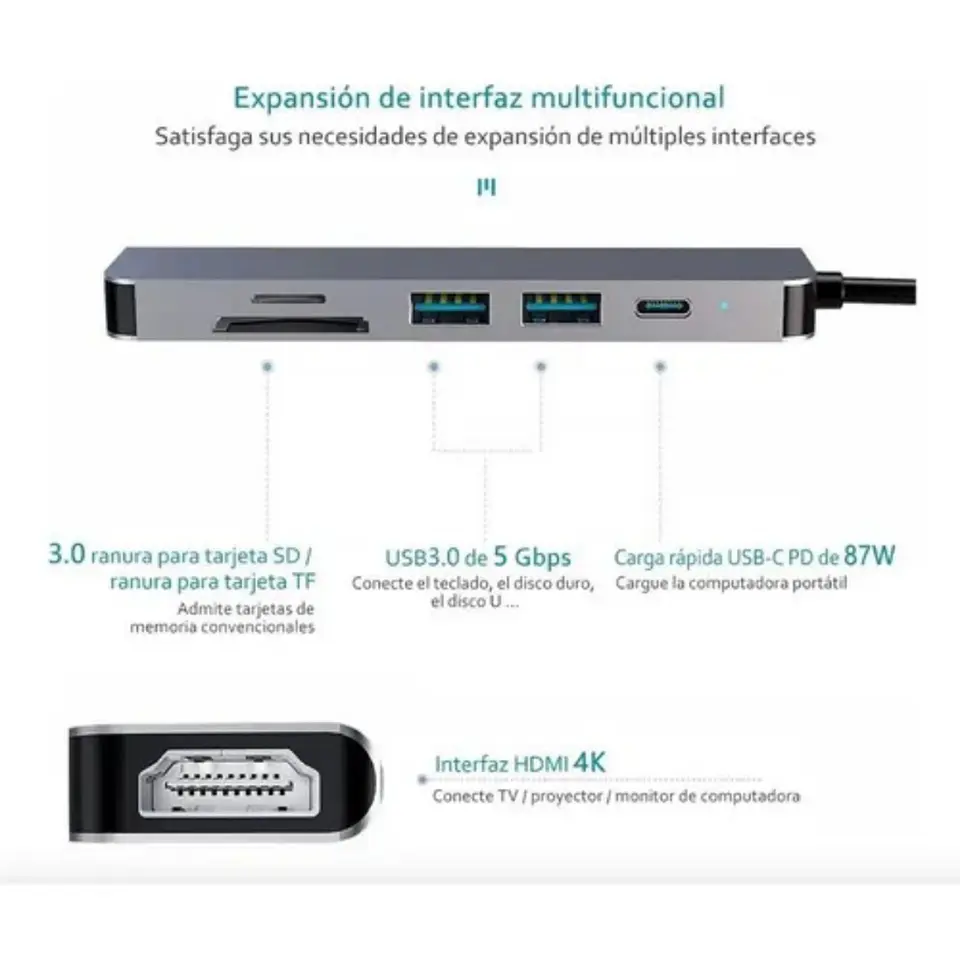 Hub Usb-c 6 en 1 con Hdmi 4k Adaptador para Macbook y Windows 4