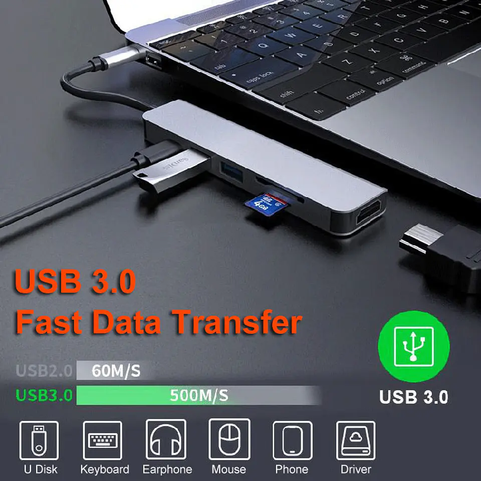Hub Usb-c 6 en 1 con Hdmi 4k Adaptador para Macbook y Windows 7