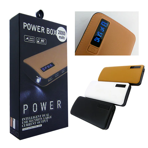 Bateria Externa Powerbank 20.000mAh Tipo Cuero LCD 3 USB + Linterna