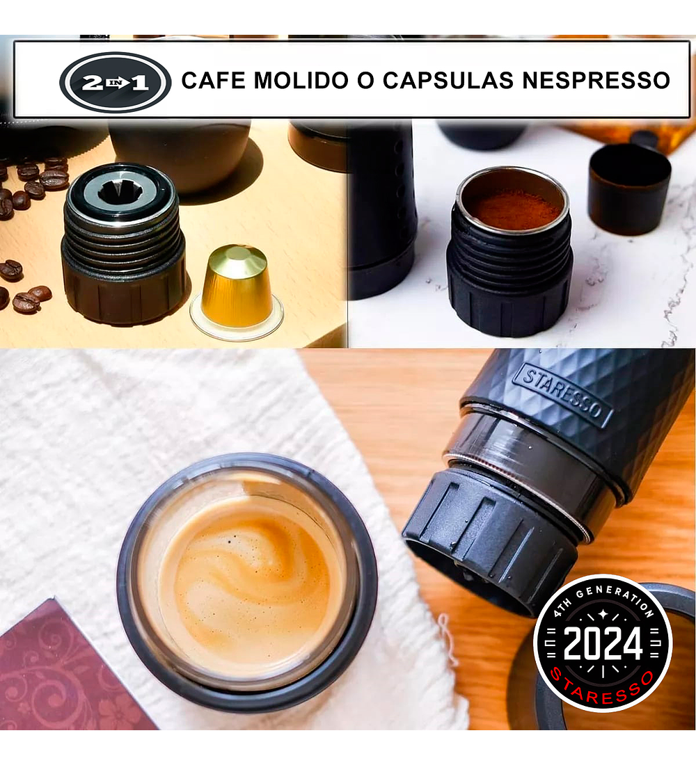  STARESSO SP-200  ( 4ta Generación 2024) - Cafetera Expreso 100% Portátil - BLACK CRYSTAL 