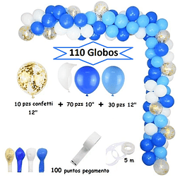 Set Arco Orgánico 110 Globos Azul, Celeste y Blanco