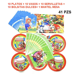 Pack Cotillon Mario Bros X10 + 1 Mantel 180 Cm