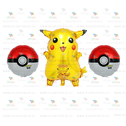 Pack 3 Globos Metalizados: 1 Pikachu + 2 Pokebolas