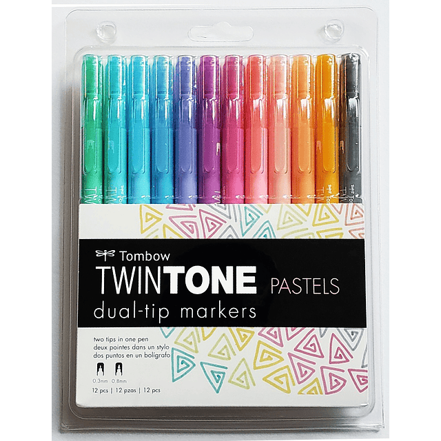 Tombow -Set TwinTone - 12 Marcadores - Colores Pasteles - 0,3mm y 0.8mm.