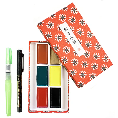 Kuretake - Acuarelas IRODORI KOBAKO - 6 Colores + Pincel de Agua + Tiralinea