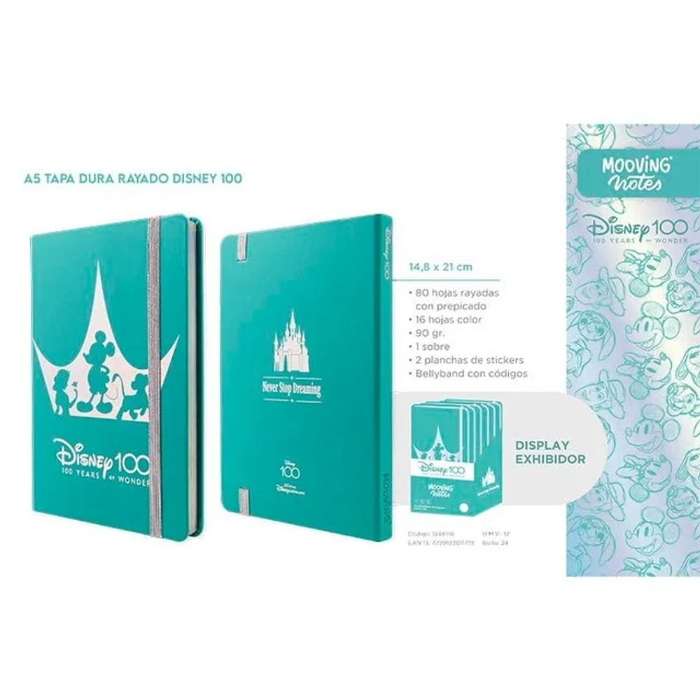 Cuaderno Mooving - Hojas Punteadas - Tapa Dura - 96 Hjs - Disney 100 Años
