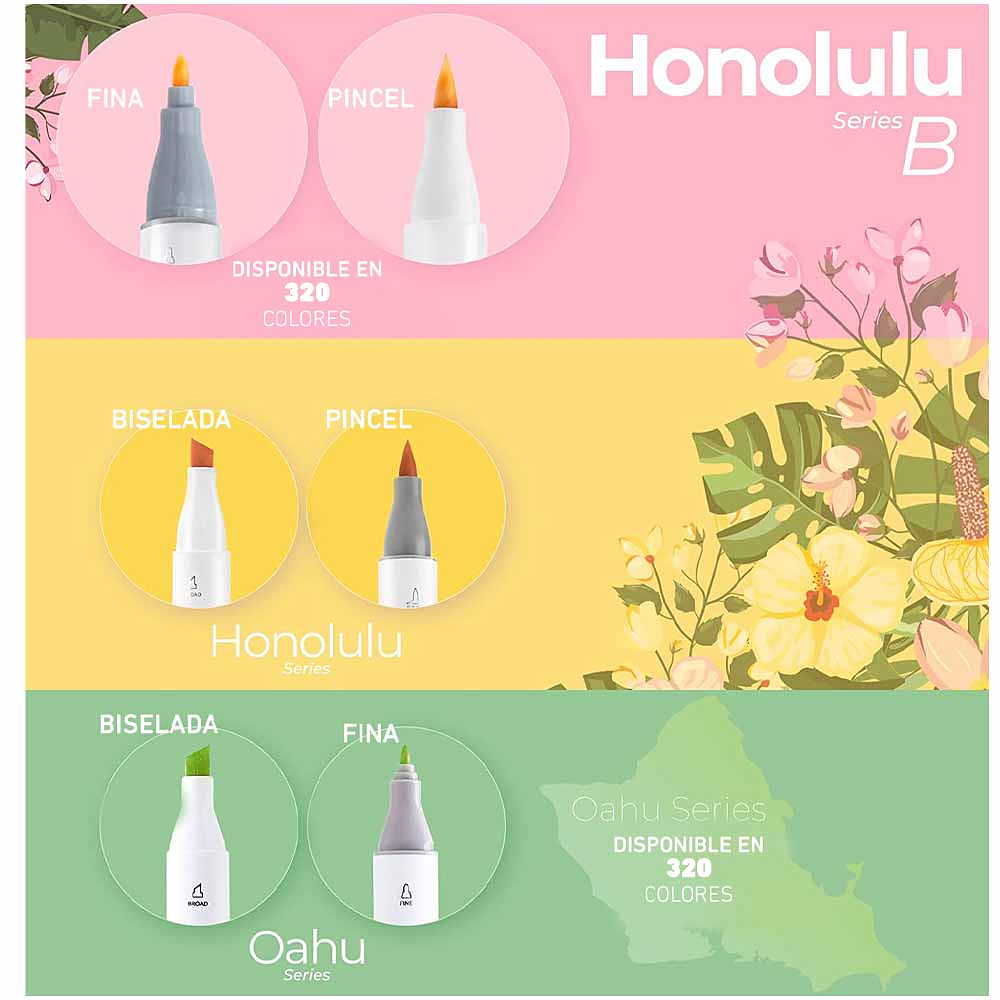 Ohuhu Honolulu B - Set 48 marcadores de alcohol - Tonos Basicos+ 1 Blender - Doble punta: pincel y Fina