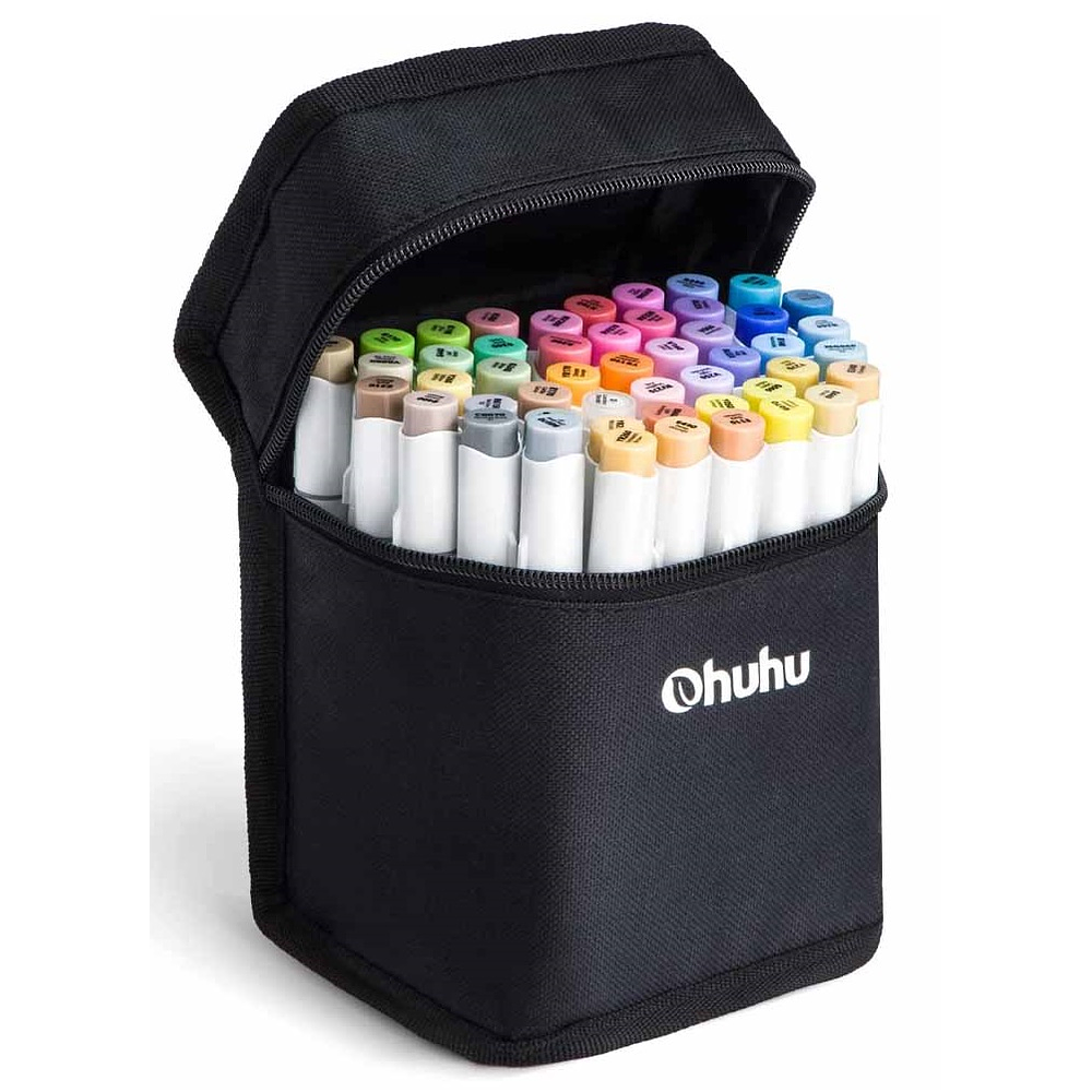 Ohuhu Honolulu B - Set 48 marcadores de alcohol - Tonos Basicos+ 1 Blender - Doble punta: pincel y Fina