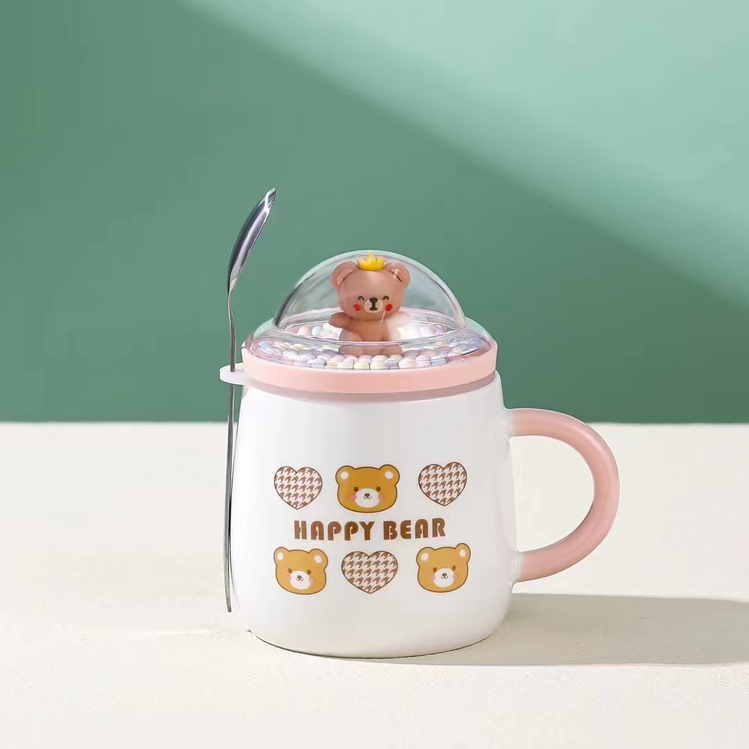 Taza Kawaii con Tapa De Oso Con Pelotitas Happy Bear 4