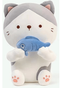 Peluche Gatito Kawaii Con Pez - 24CM