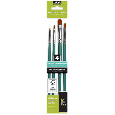 Pebeo - Pinceles Acrílico Fluido - Set 4 Avellanados (Filbert)