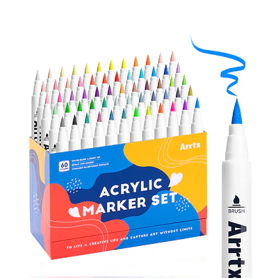 Arrtx – Marcadores Acrílicos 60 Colores Punta Pincel (Metálicos y Neón)