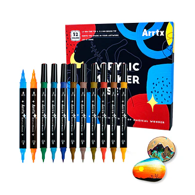 Arrtx – Marcadores Acrílicos Doble Punta 32 Colores Pincel & Fina