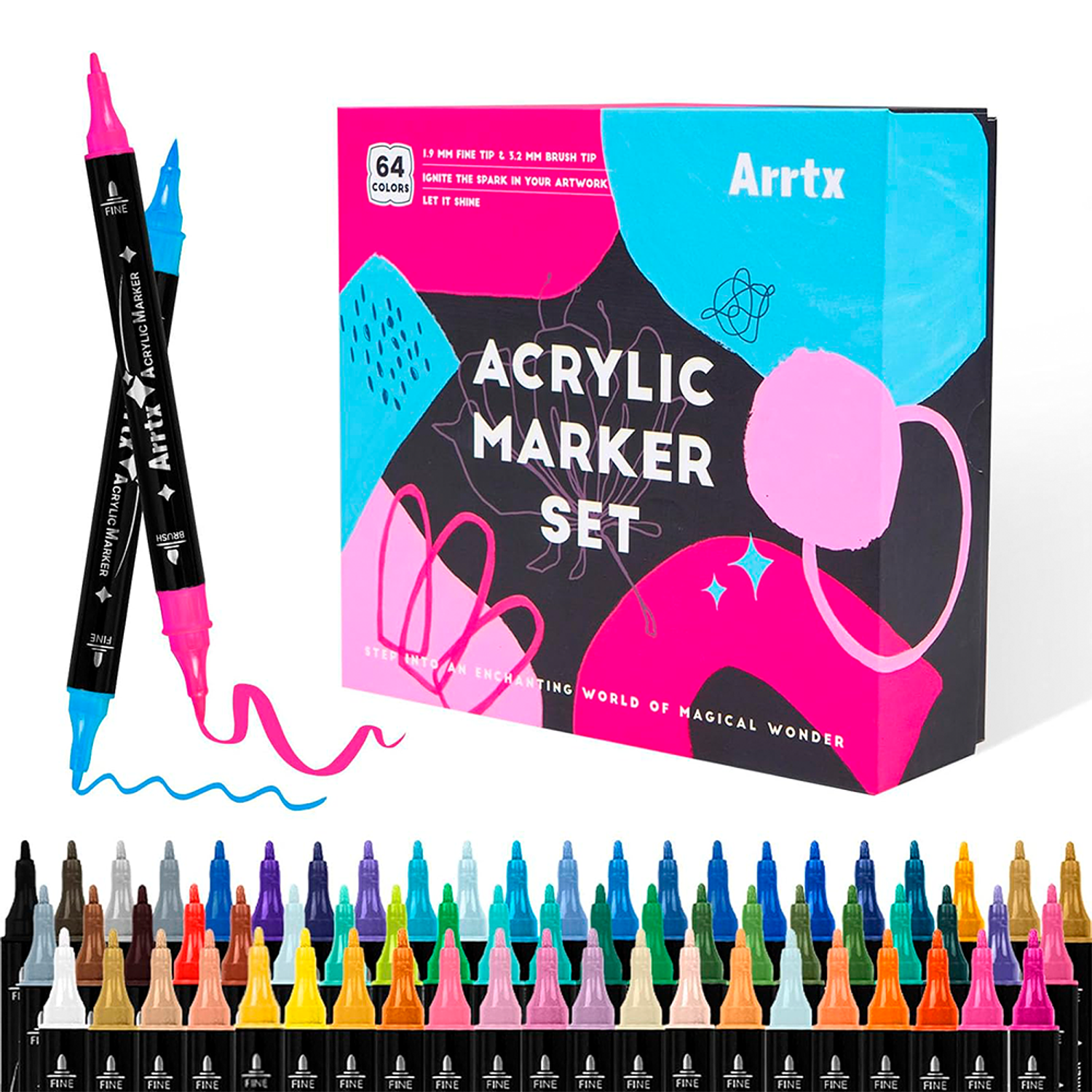 Arrtx – Marcadores Acrílicos 64 Colores Doble Punta Pincel y Fina 1