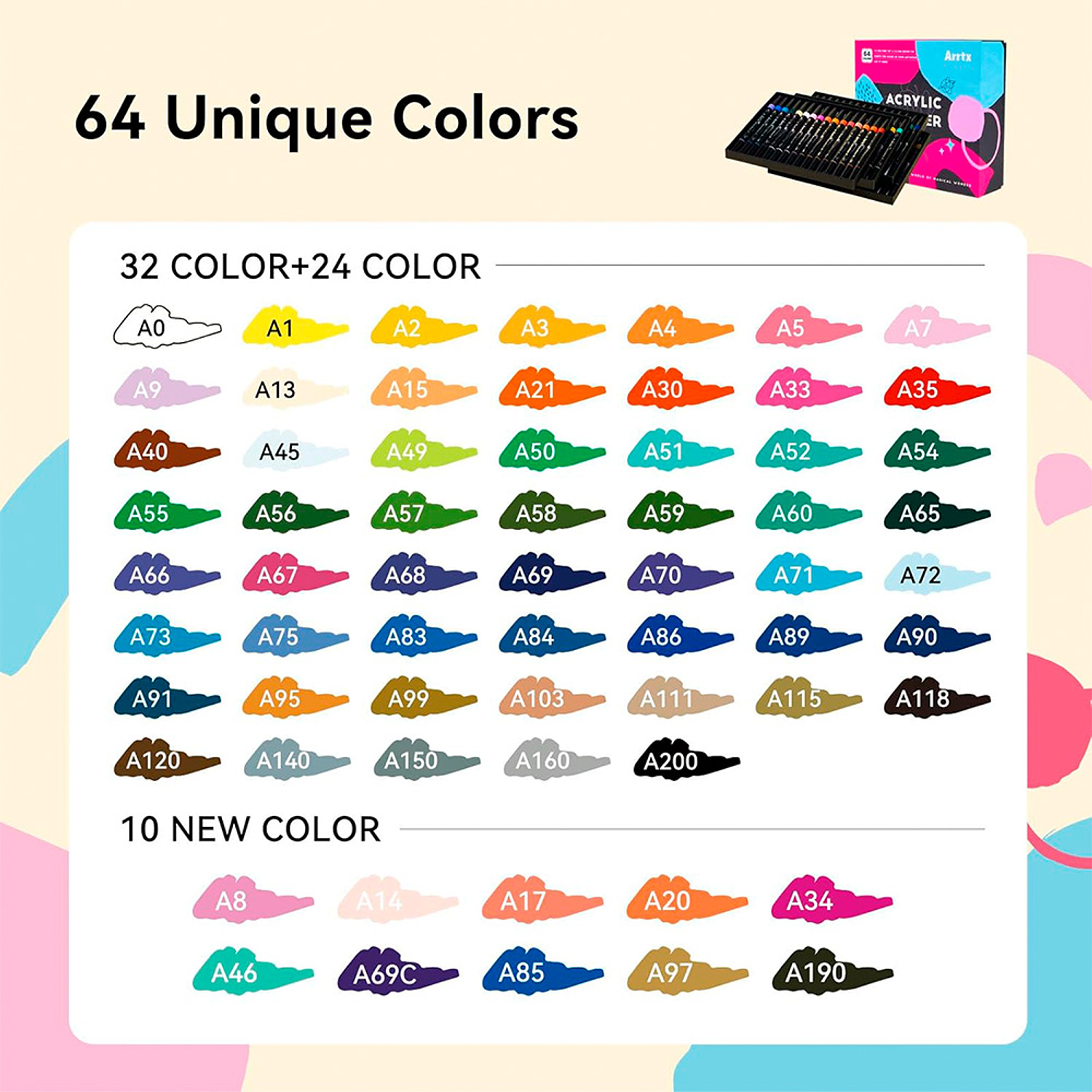 Arrtx – Marcadores Acrílicos 64 Colores Doble Punta Pincel y Fina 3