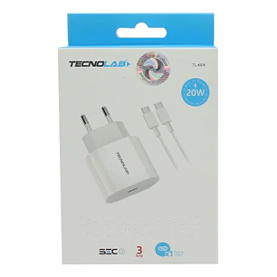 Tecnolab – Cargador de Pared 20W USB-C Rápido con Cable Tipo-C Blanco